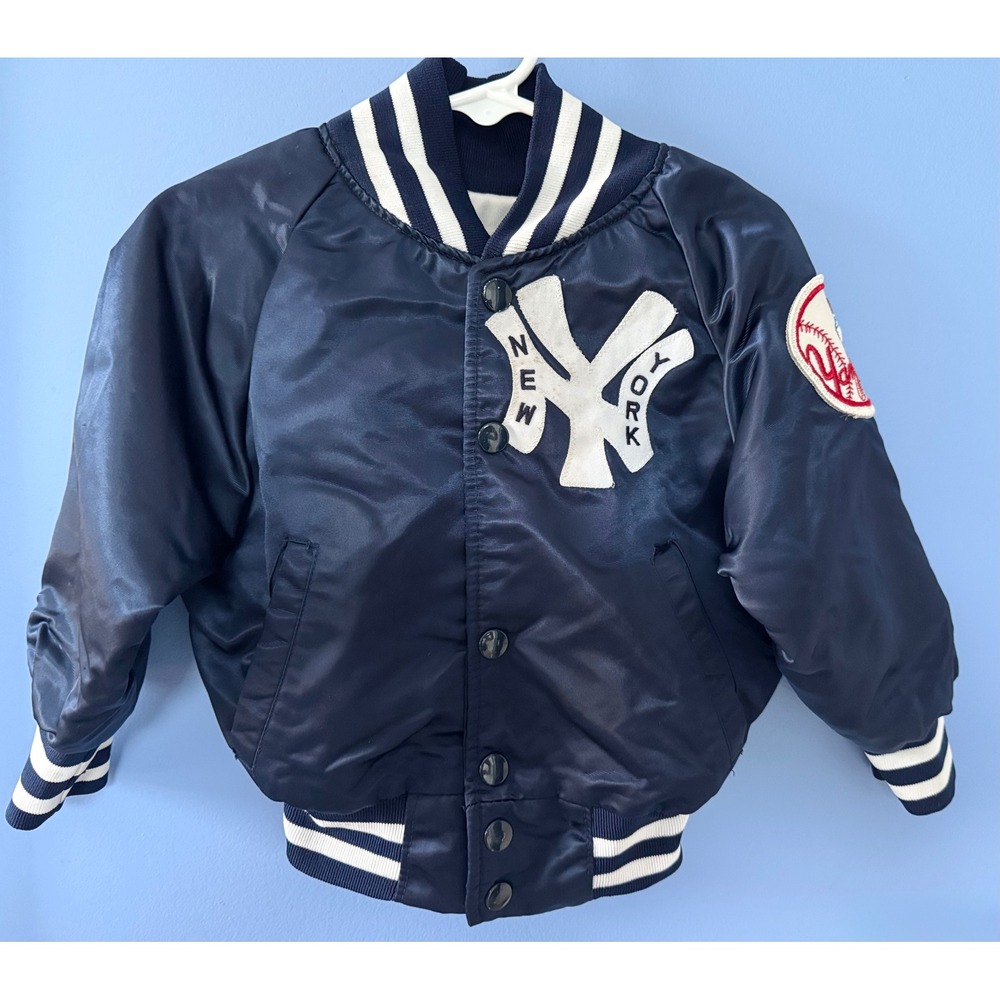Vintage 80's NY Yankees Satin Bomber Varsity Jacket Boys Size 4 Navy MLB USA